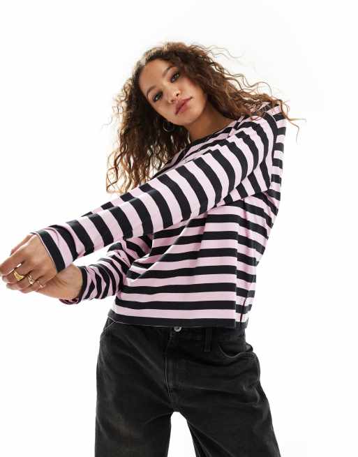 Monki long sleeve top in black and pink stripe ASOS