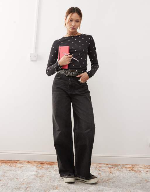 Monki long sleeve top in black with stars