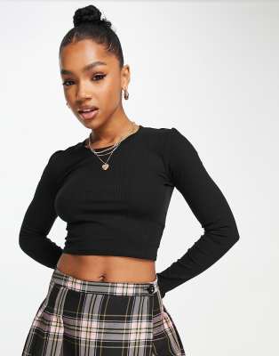 Monki long sleeve top in black