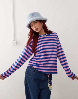 Monki long sleeve top in blue and pink stripes-Multi