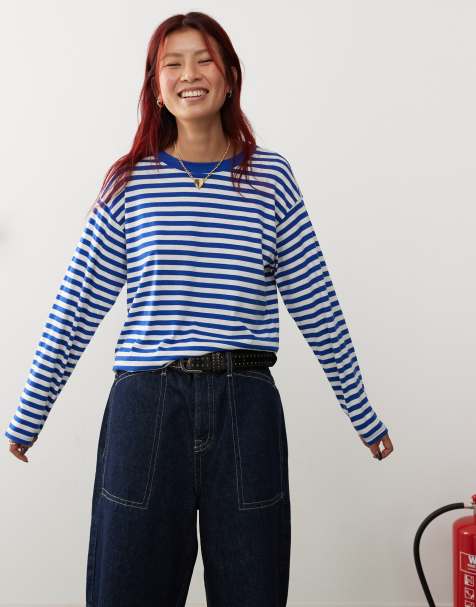 Monki long sleeve top in blue and white stripes