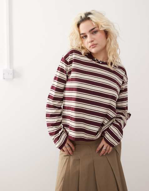 Monki long sleeve top in burgandy stripe  - view 1
