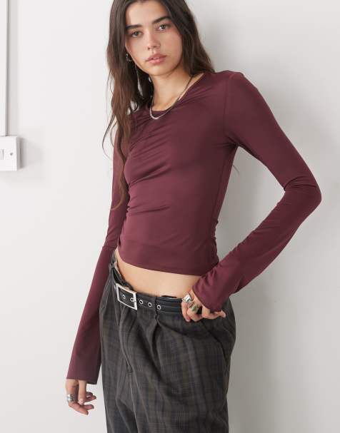 Monki long sleeve top in dark red - view 1