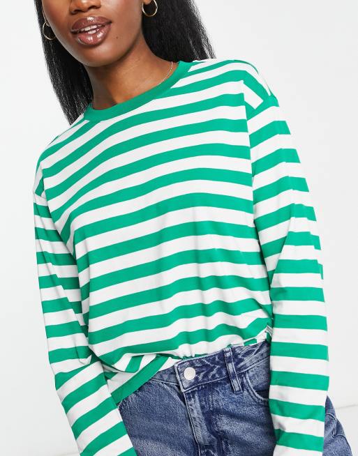 Monki long sleeve top in green and white stripe