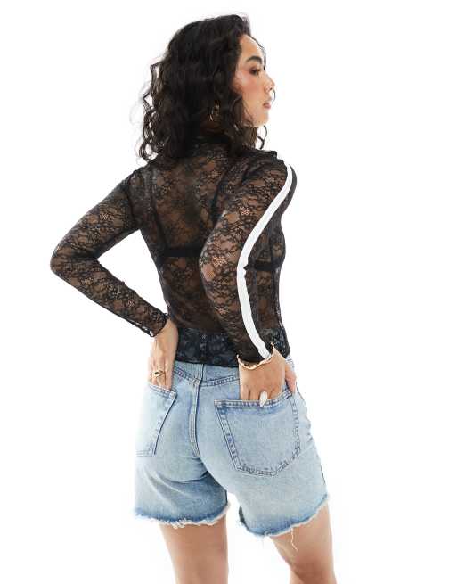 Monki long sleeve top in lace with silver tape in black