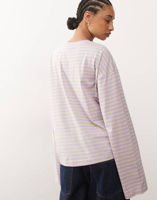 Monki long sleeve top in lilac stripes, 3 of 4