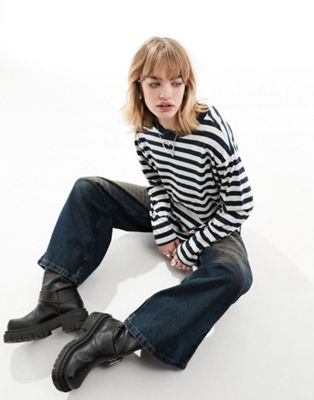 Monki Long Sleeve Top In Navy And Off White Stripes-multi