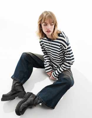 long sleeve top in navy and off white stripes-Multi