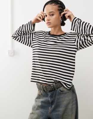 Monki long sleeve top in off white and black stripes-Multi