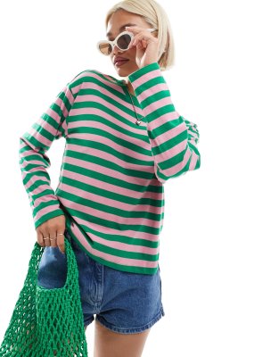 Shop Monki long sleeve top in pink and green stripes Online – Trendy & Affordable Fashion