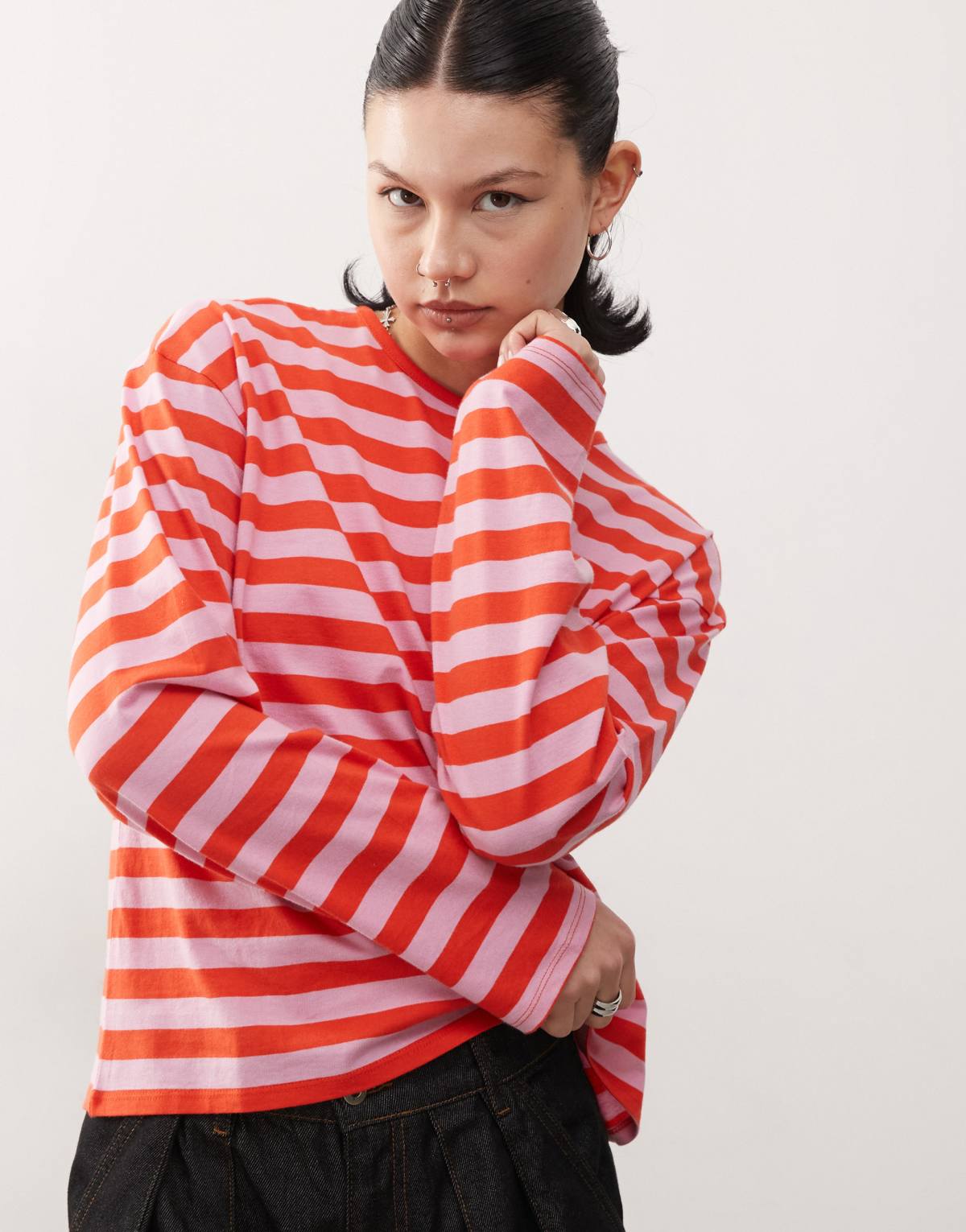Monki long sleeve top in pink and red stripe