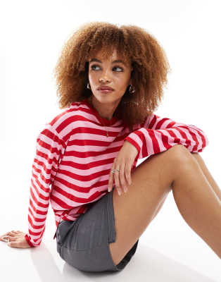 Monki Long Sleeve Top In Red And Pink Stripes-multi In Multi