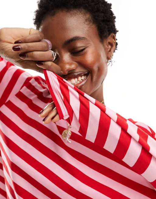 Monki long sleeve top in red and pink stripes, 2 of 4
