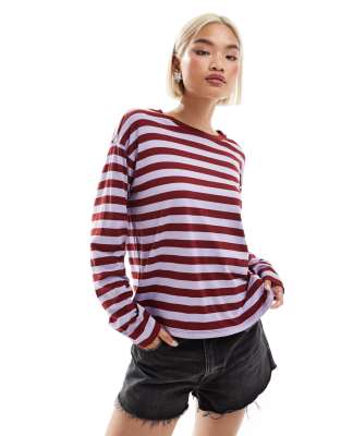 Monki Long Sleeve Top In Red And Purple Stripe-multi