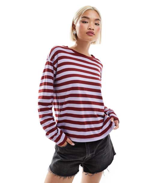Monki long sleeve top in red and purple stripes - view 1