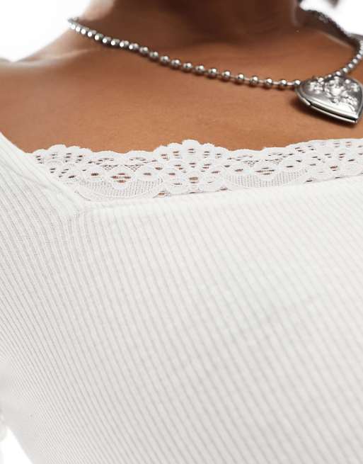 Monki long sleeve top with sweetheart neckline in off white with lace trim, 2 of 4