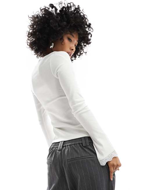 Monki long sleeve top with sweetheart neckline in off white with lace trim, 4 of 4