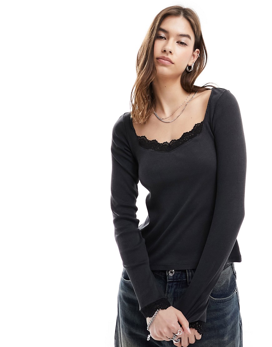 Monki long sleeve top with sweetheart neckline in washed black with lace trim