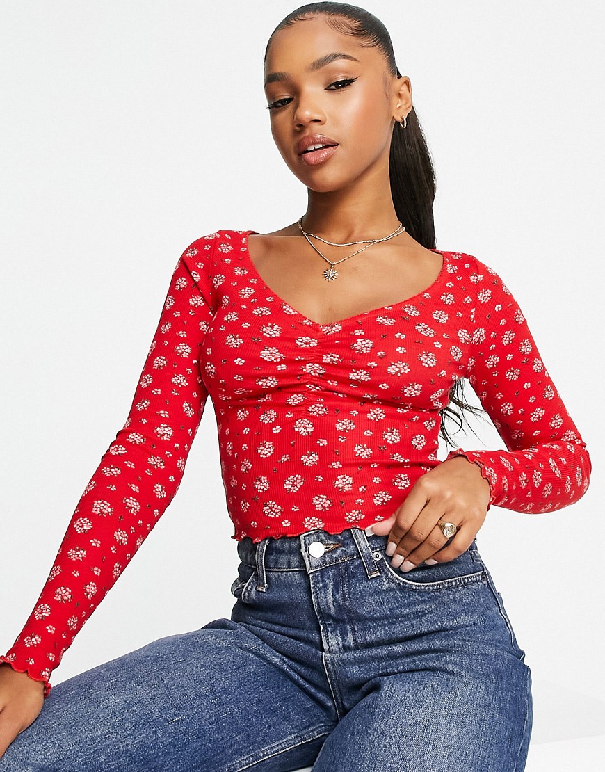 Monki long sleeve top with v neck in red floral