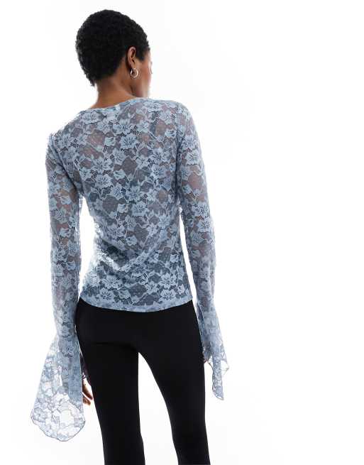 yilon lace gather tops グレー　トップス Lace Shirt Vintage Sheer Gray Top Mesh Long Sleeve Women