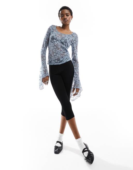 Monki long sleeve trumpet sleeve lace top in dusty blue | ASOS