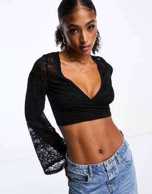 Monki Long Sleeve V Neck Top In Black Lace