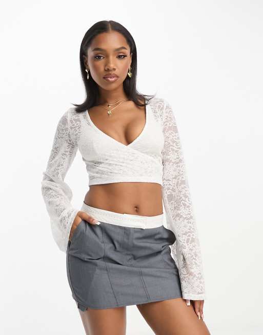 Monki long sleeve v neck top in white lace