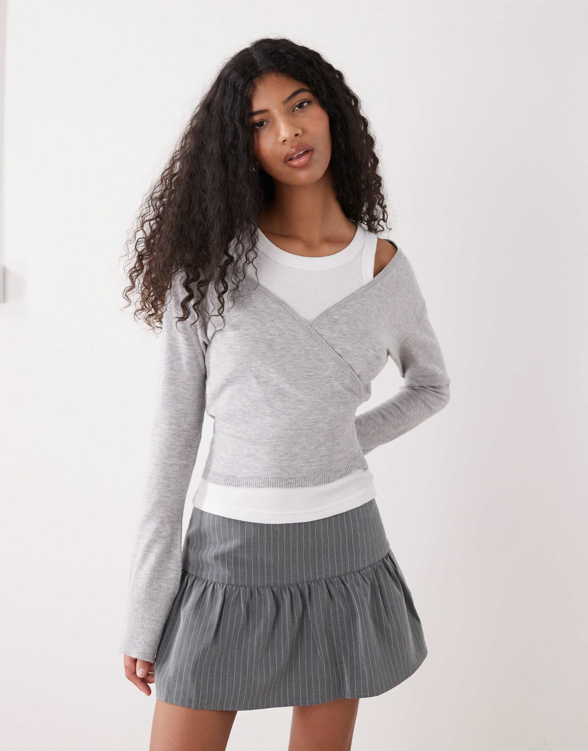 monki long sleeve wrap cardigan in gray