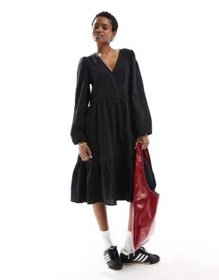 Monki Long Sleeve Wrap Midi Dress In Black