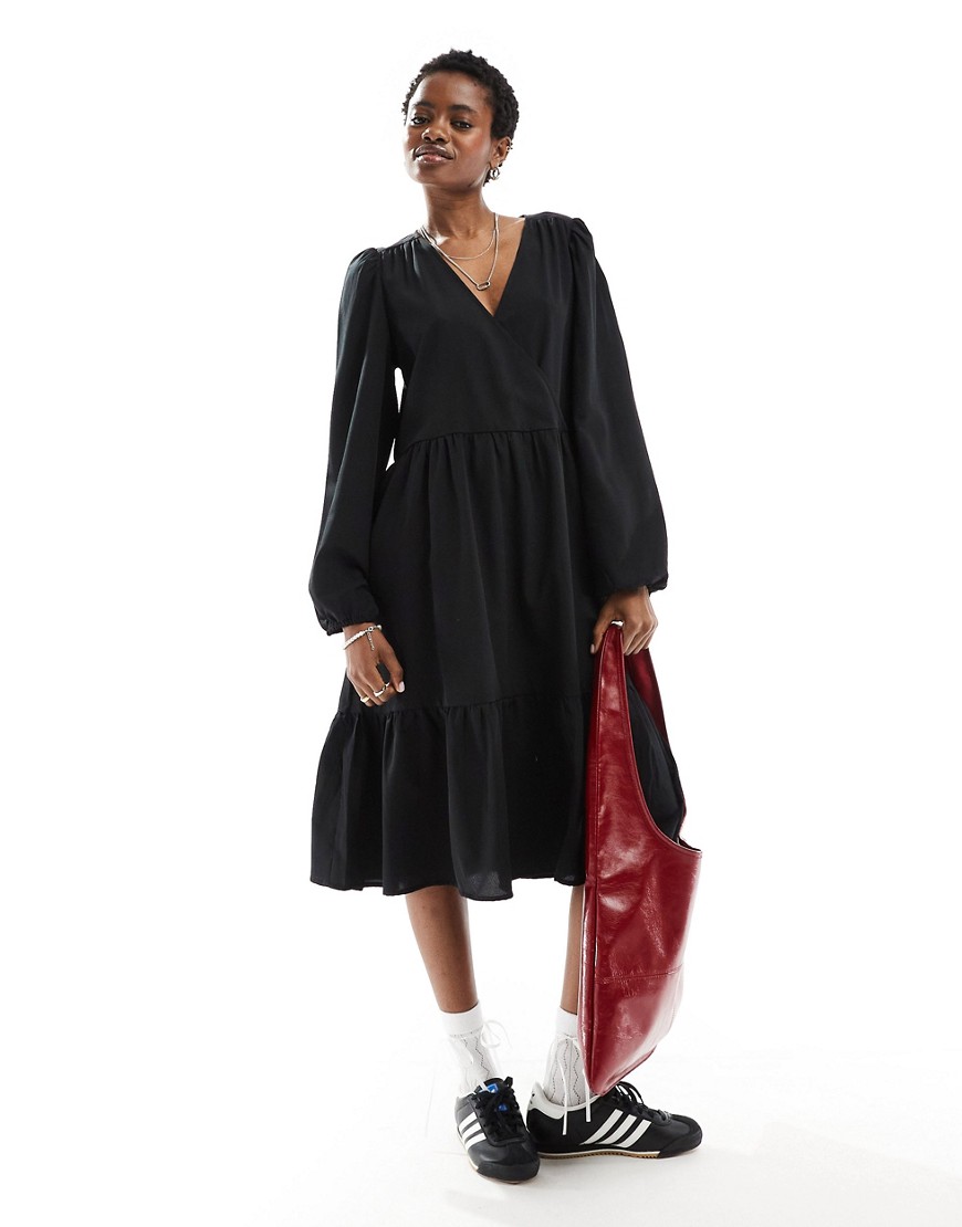 Monki Long Sleeve Wrap Midi Dress In Black