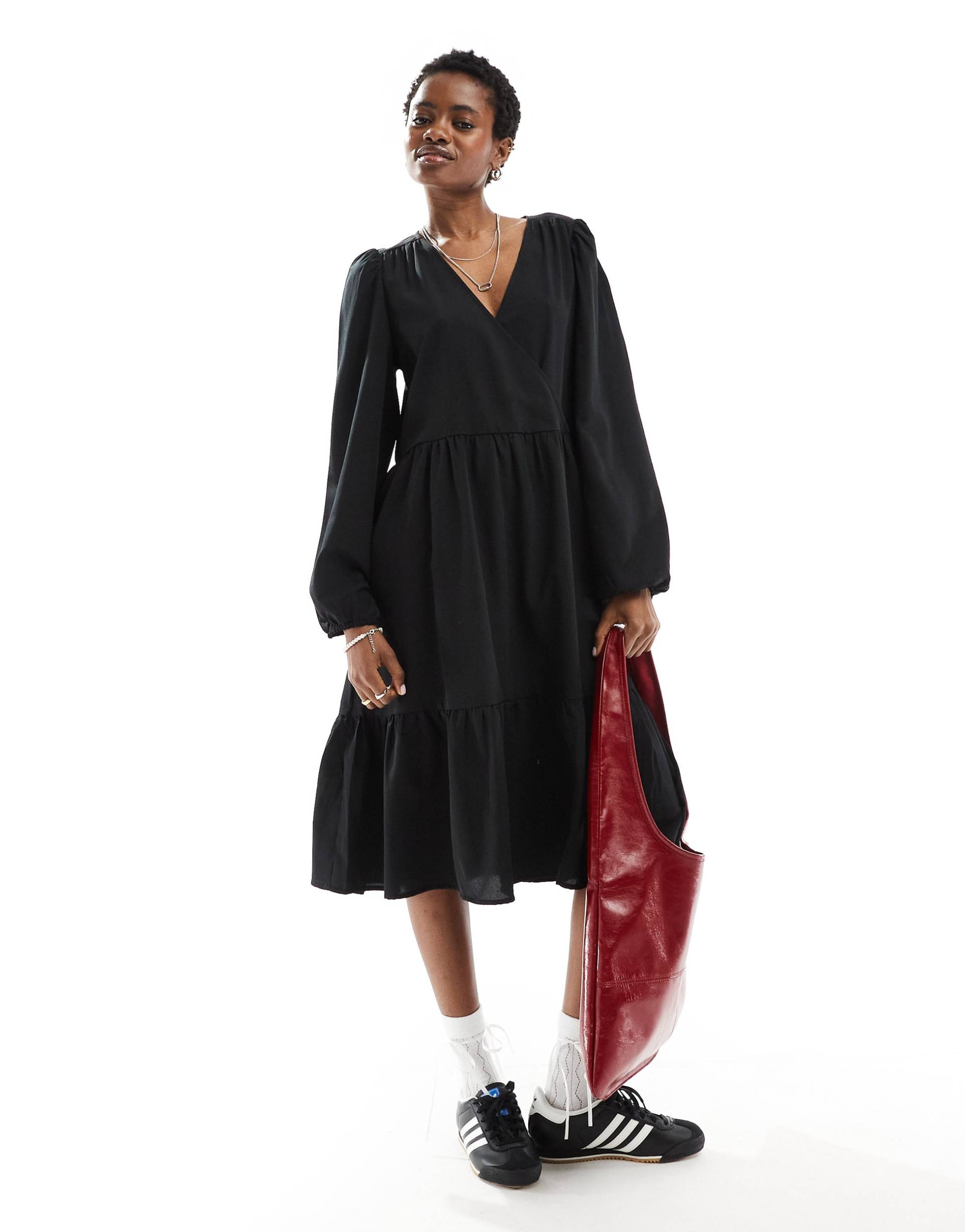 monki long sleeve wrap midi dress in black