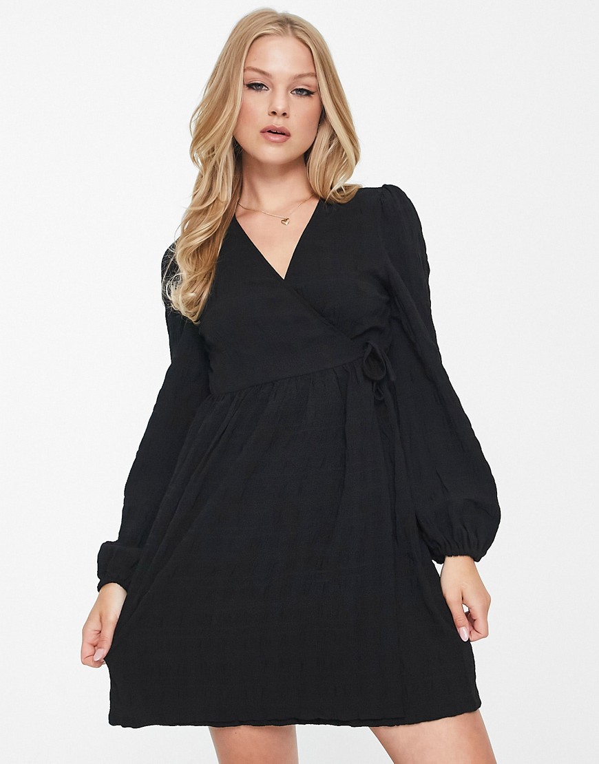 Monki Long Sleeve Wrap Mini Dress In Black