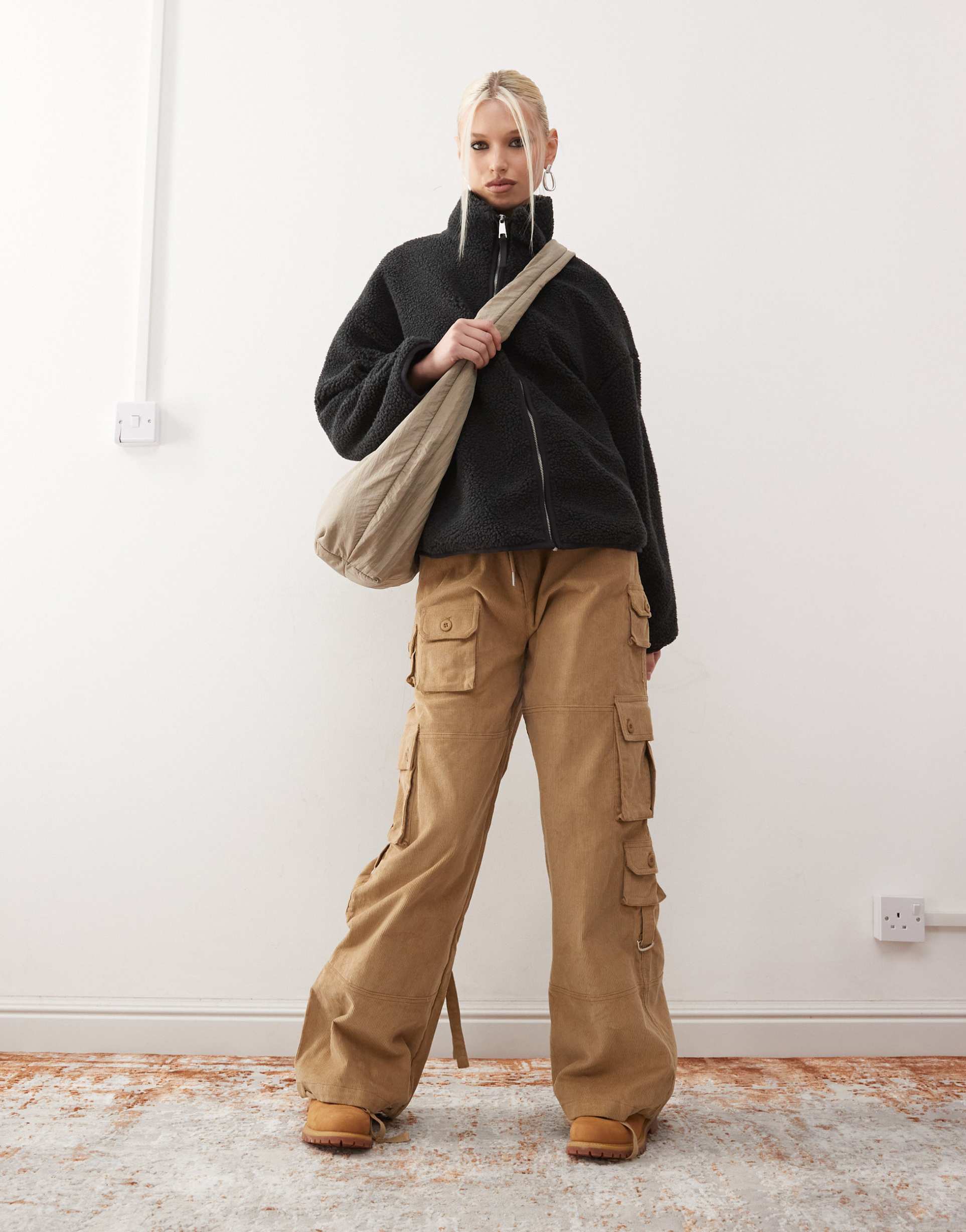 monki long sleeve zip up fleece with contrasting trims in black