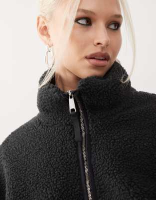 Monki Long Sleeve Zip Up Fleece With Contrasting Trims In Black