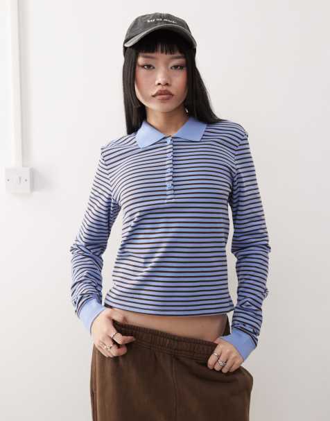 Monki long sleeved pique polo in blue and brown stripe  - view 1