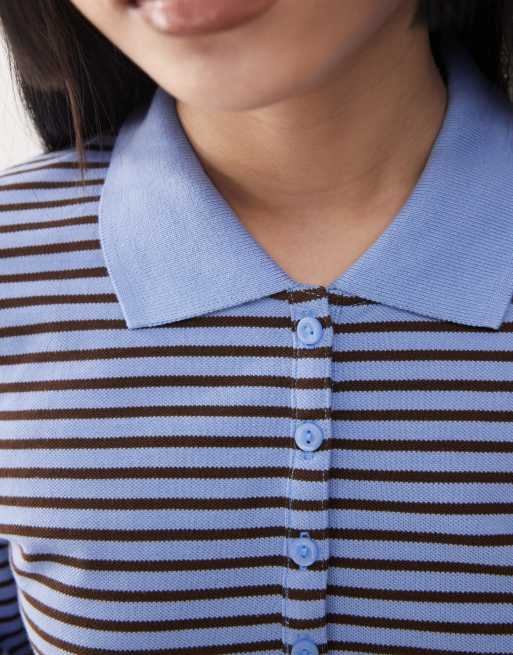 Monki long sleeved pique polo in blue and brown stripe , 3 of 4