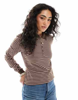monki long sleeved pique polo in pink and chocolate brown stripe