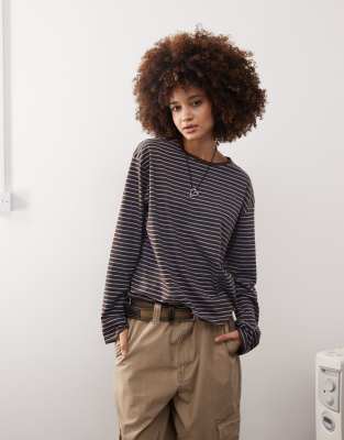 long sleeved top in brown 
blue stripe