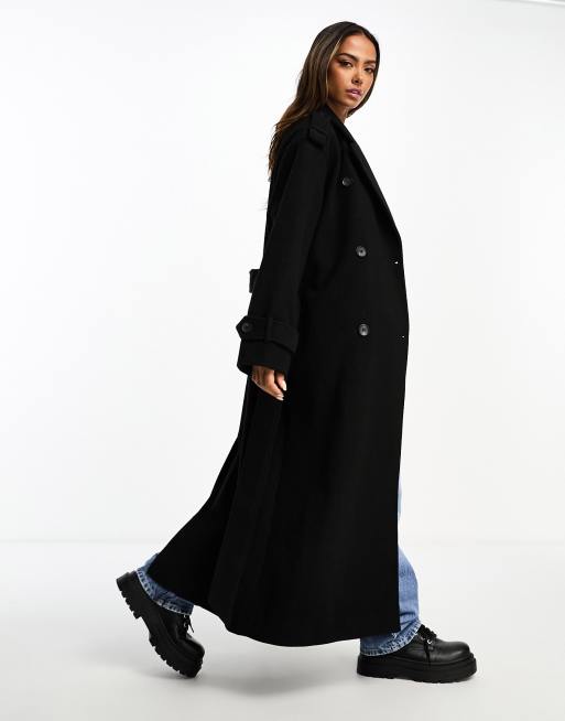 Monki longline belted trench coat in black