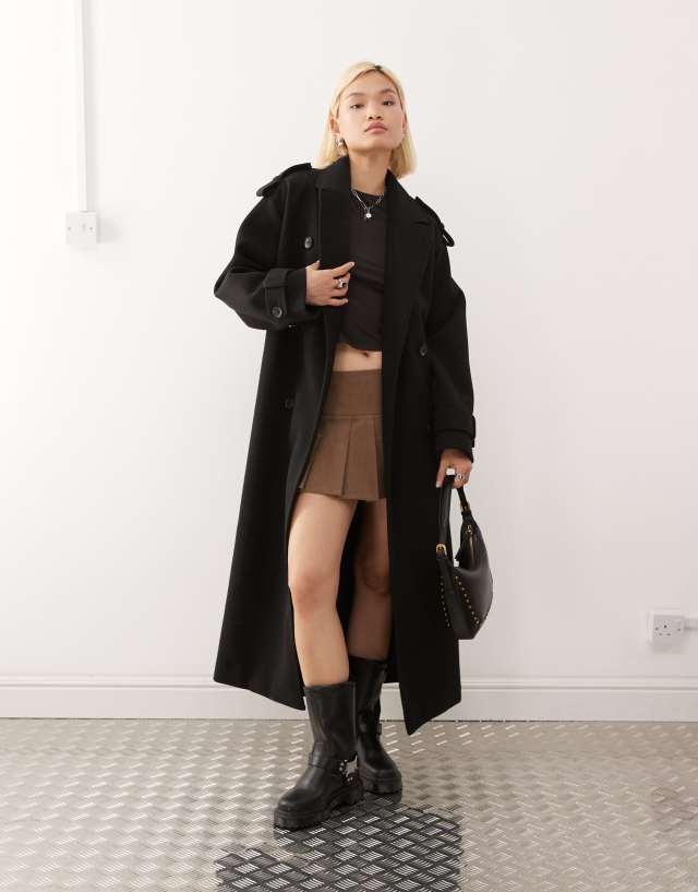 Monki longline belted trench coat in black | ASOS