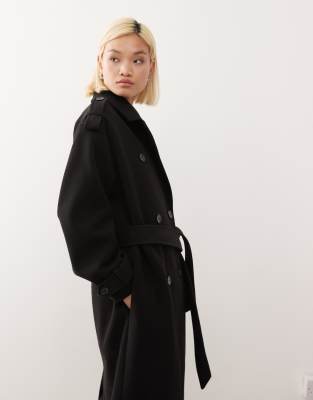 Monki Longline Belted Trench Coat In Black | ModeSens