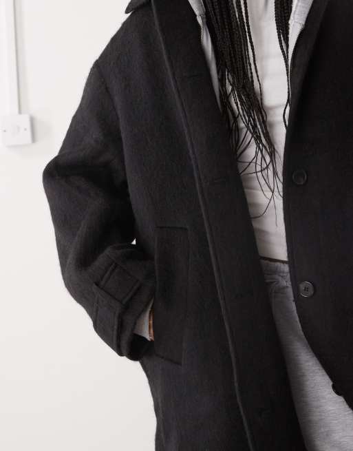 Monki longline coat with wool in black