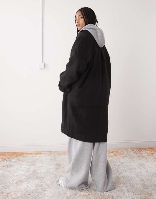 Monki longline coat with wool in black