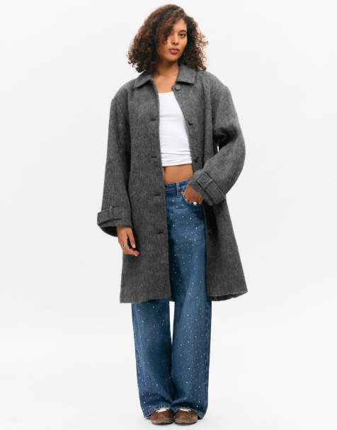 Monki longline coat with wool in dark grey - view 1