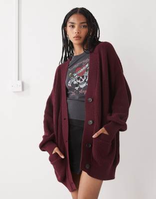 Monki Longline Knitted Oversized Cardigan In Burgundy