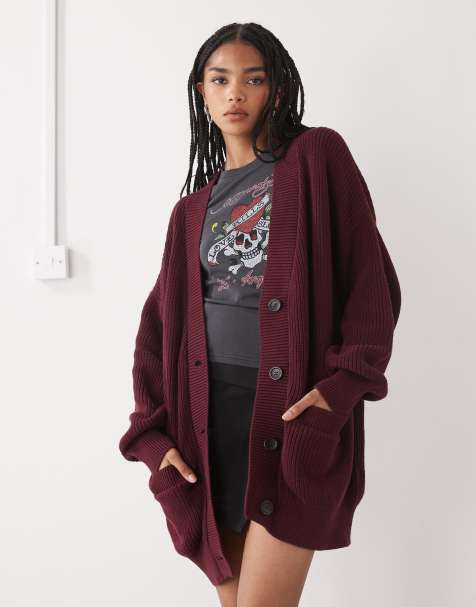 Monki longline knitted oversized cardigan in burgundy - view 1