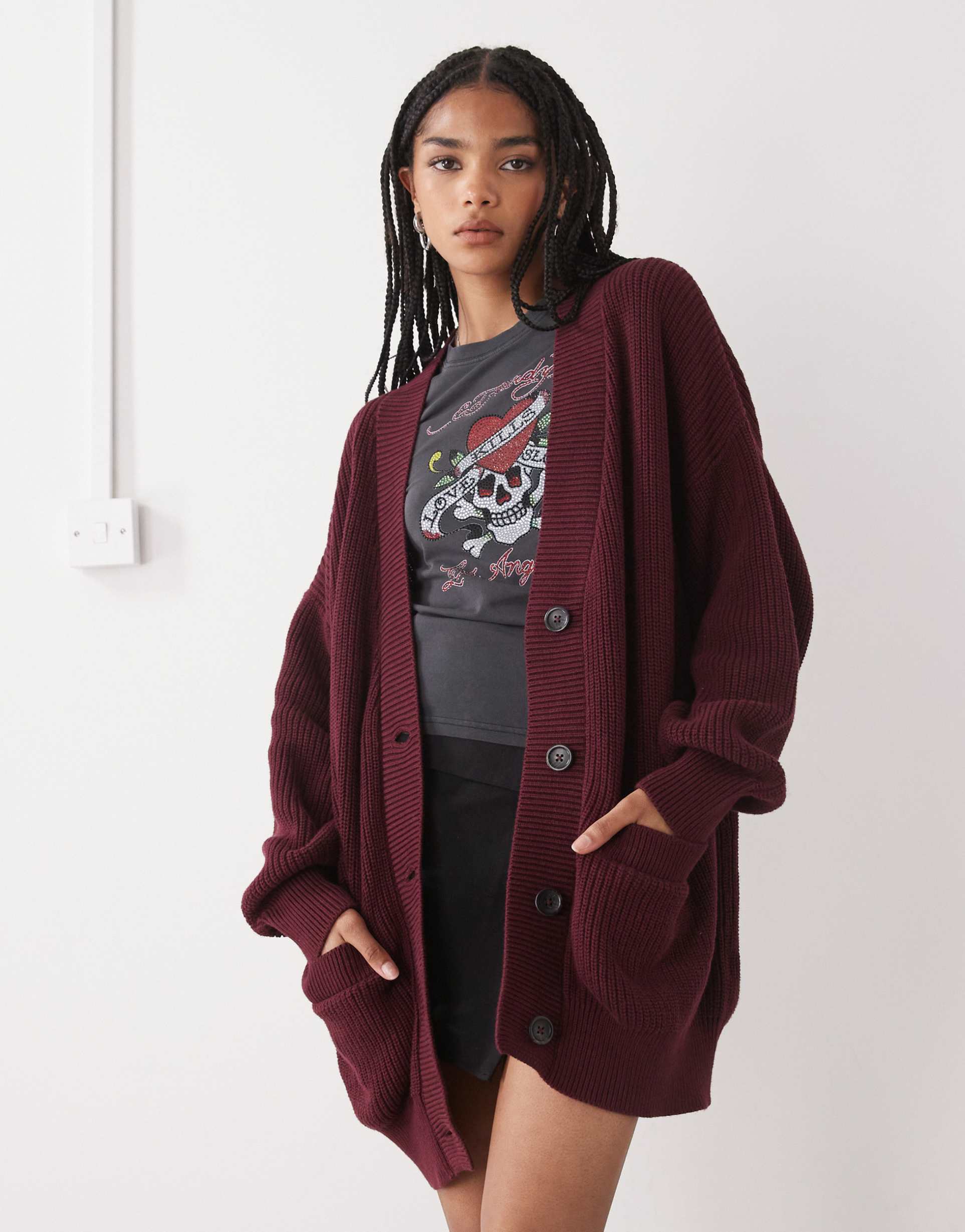 monki longline knitted oversized cardigan in burgundy