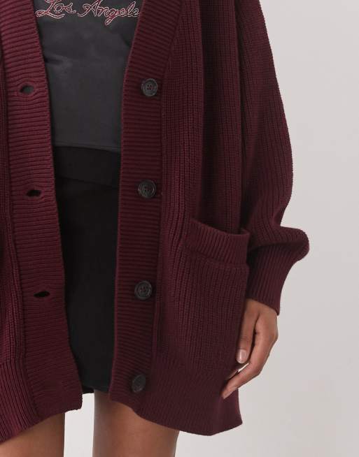Monki longline knitted oversized cardigan in burgundy, 3 of 4