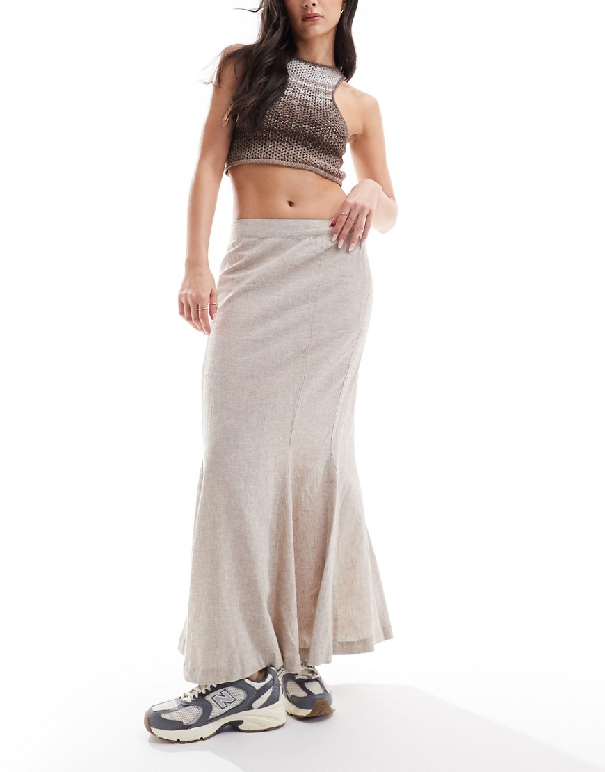 Monki Longline Linen Mix Maxi Tube Mermaid Skirt In Beige-neutral