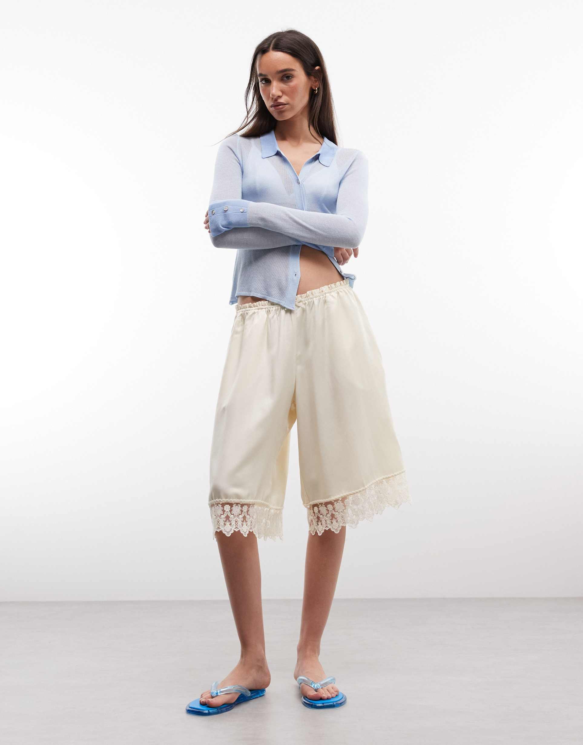 monki longline satin shorts with lace hem in off white